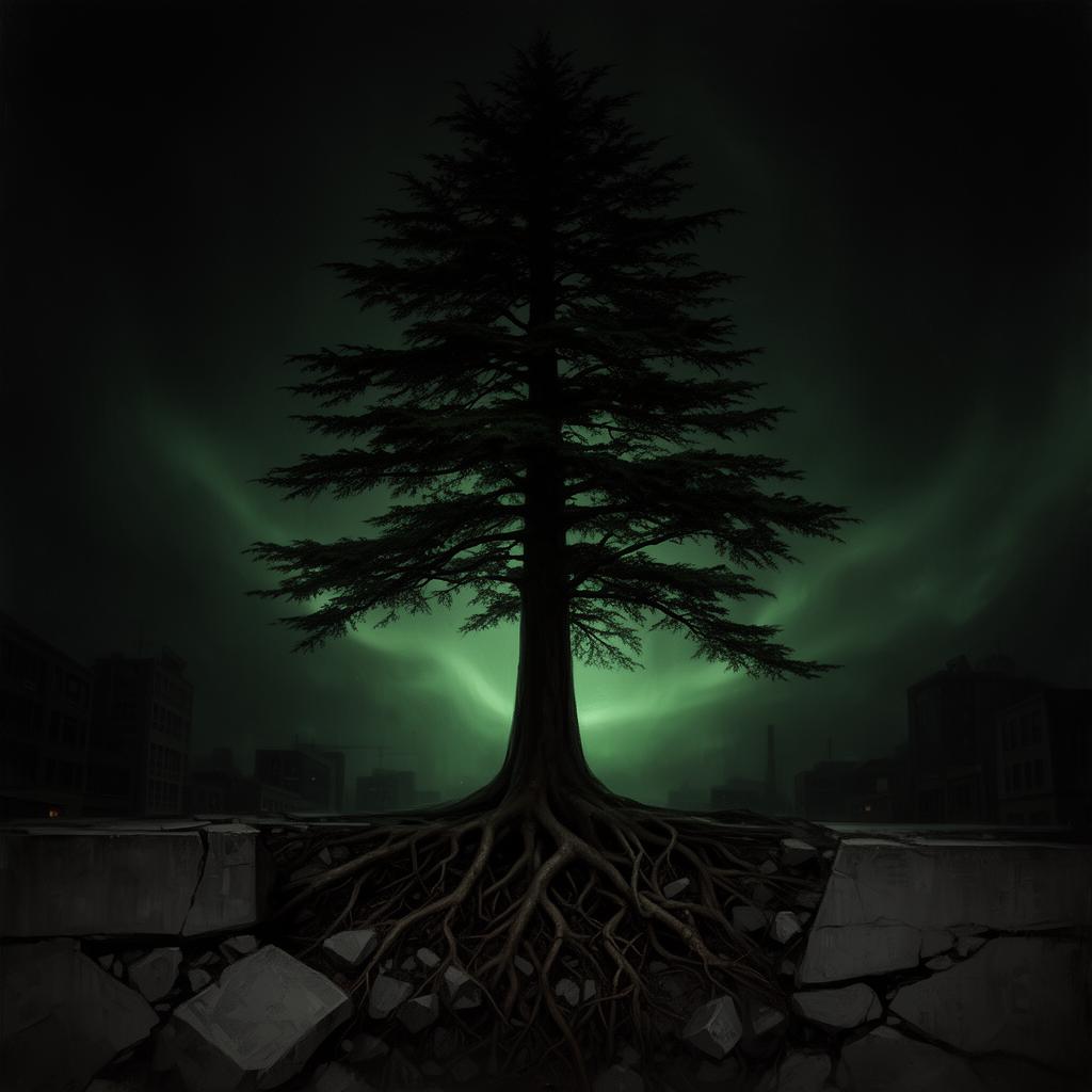 A cedar tree standing strong, breaking through concrete — symbol of resilience and growth